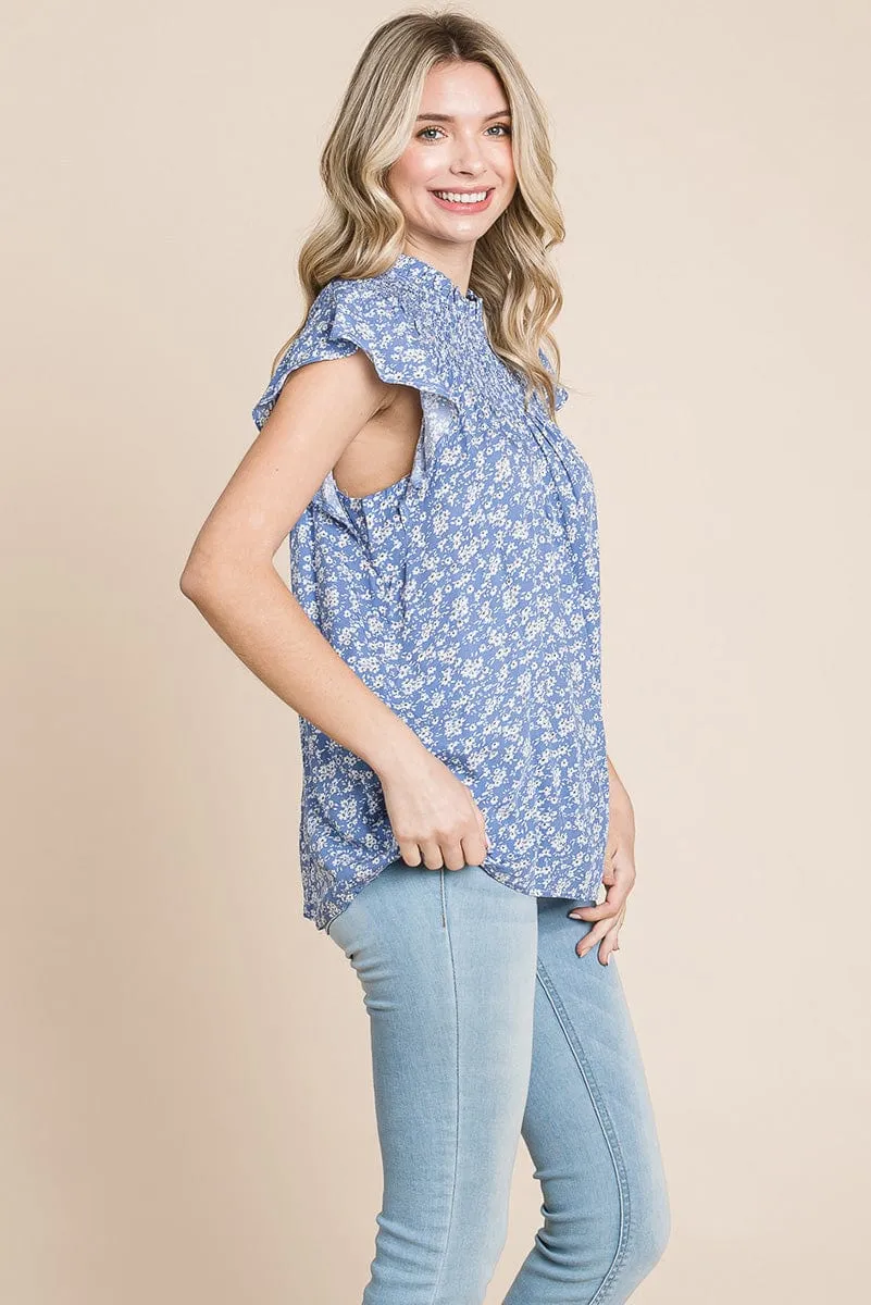 Smocked Neck Flutter Sleeve Floral Printed Tops