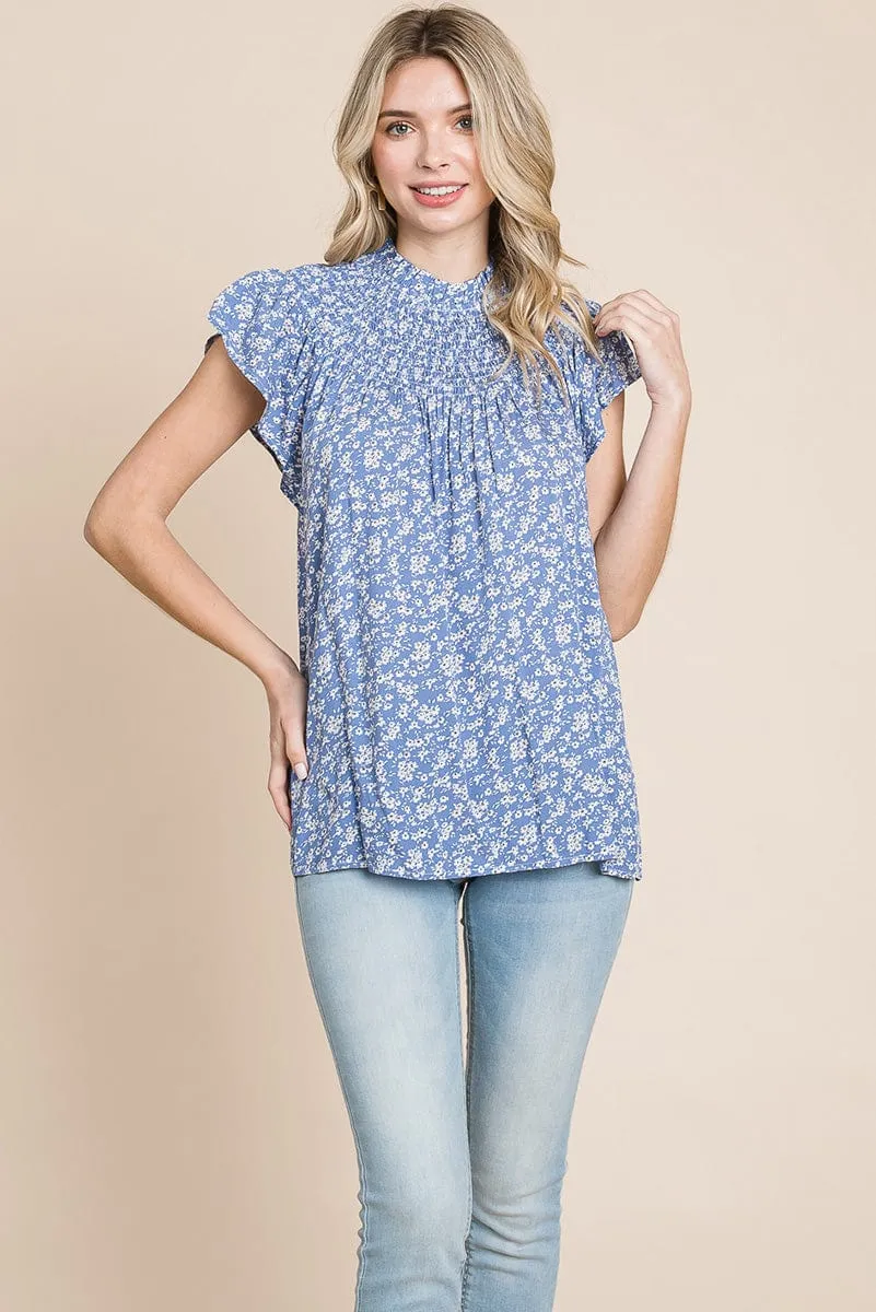 Smocked Neck Flutter Sleeve Floral Printed Tops