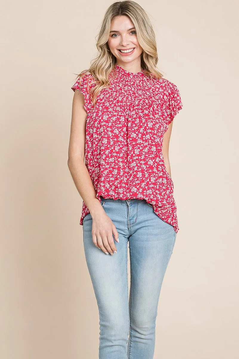 Smocked Neck Flutter Sleeve Floral Printed Tops