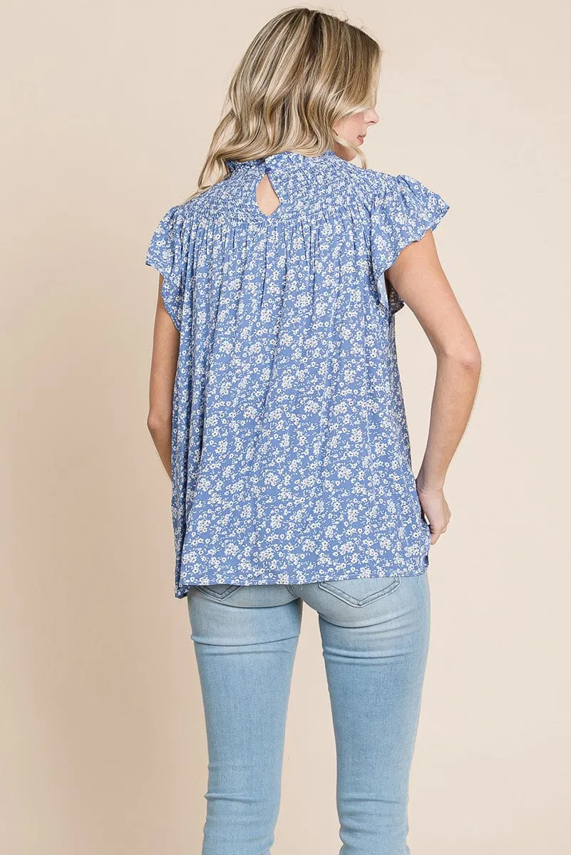 Smocked Neck Flutter Sleeve Floral Printed Tops
