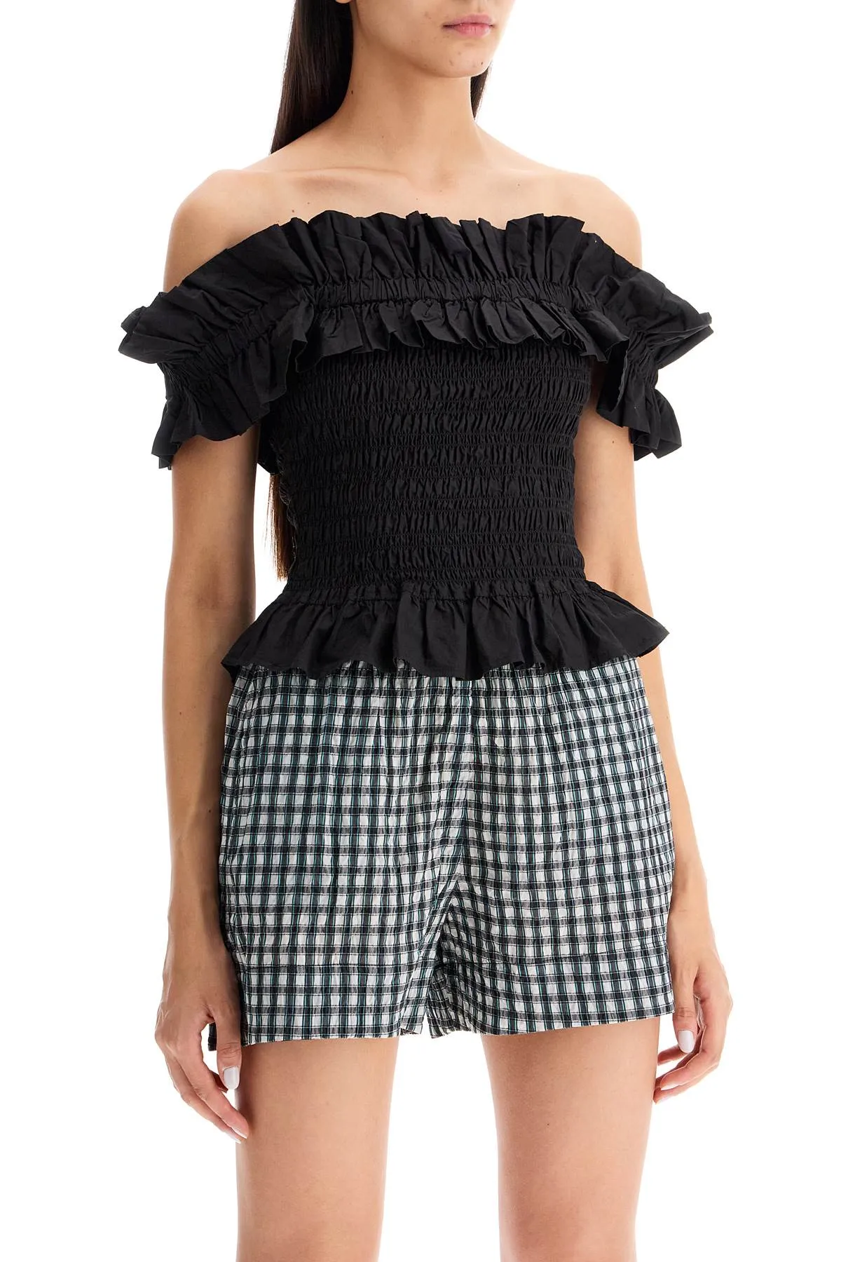 smocked poplin top F7917 BLACK