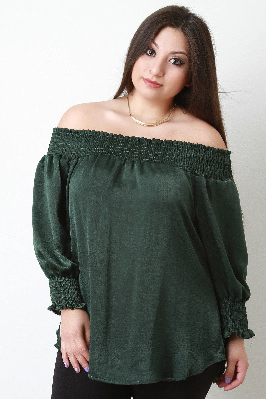 Smocked Satin Off-The-Shoulder Blouse Top