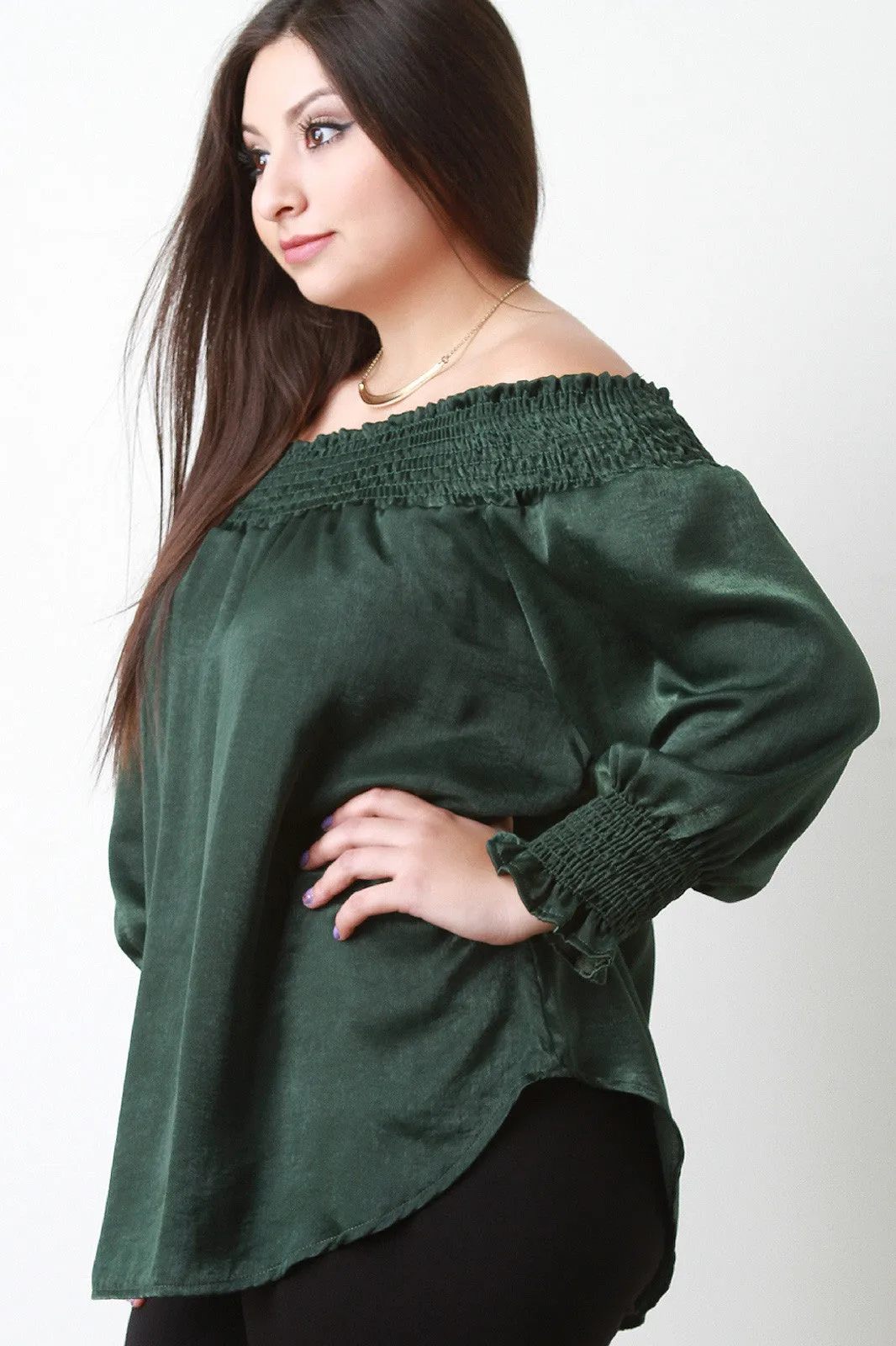 Smocked Satin Off-The-Shoulder Blouse Top