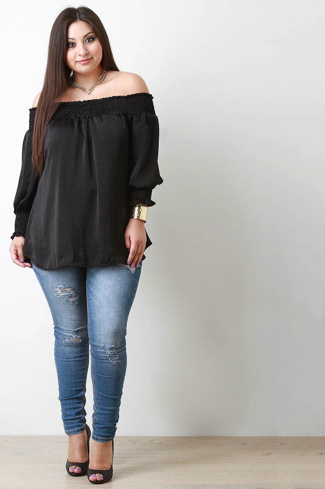 Smocked Satin Off-The-Shoulder Blouse Top