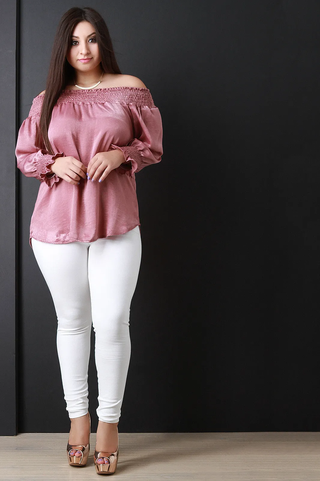 Smocked Satin Off-The-Shoulder Blouse Top