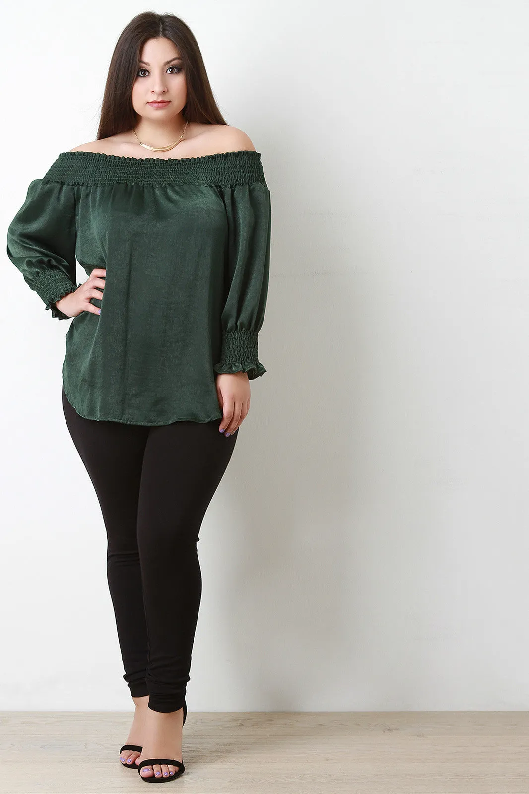 Smocked Satin Off-The-Shoulder Blouse Top
