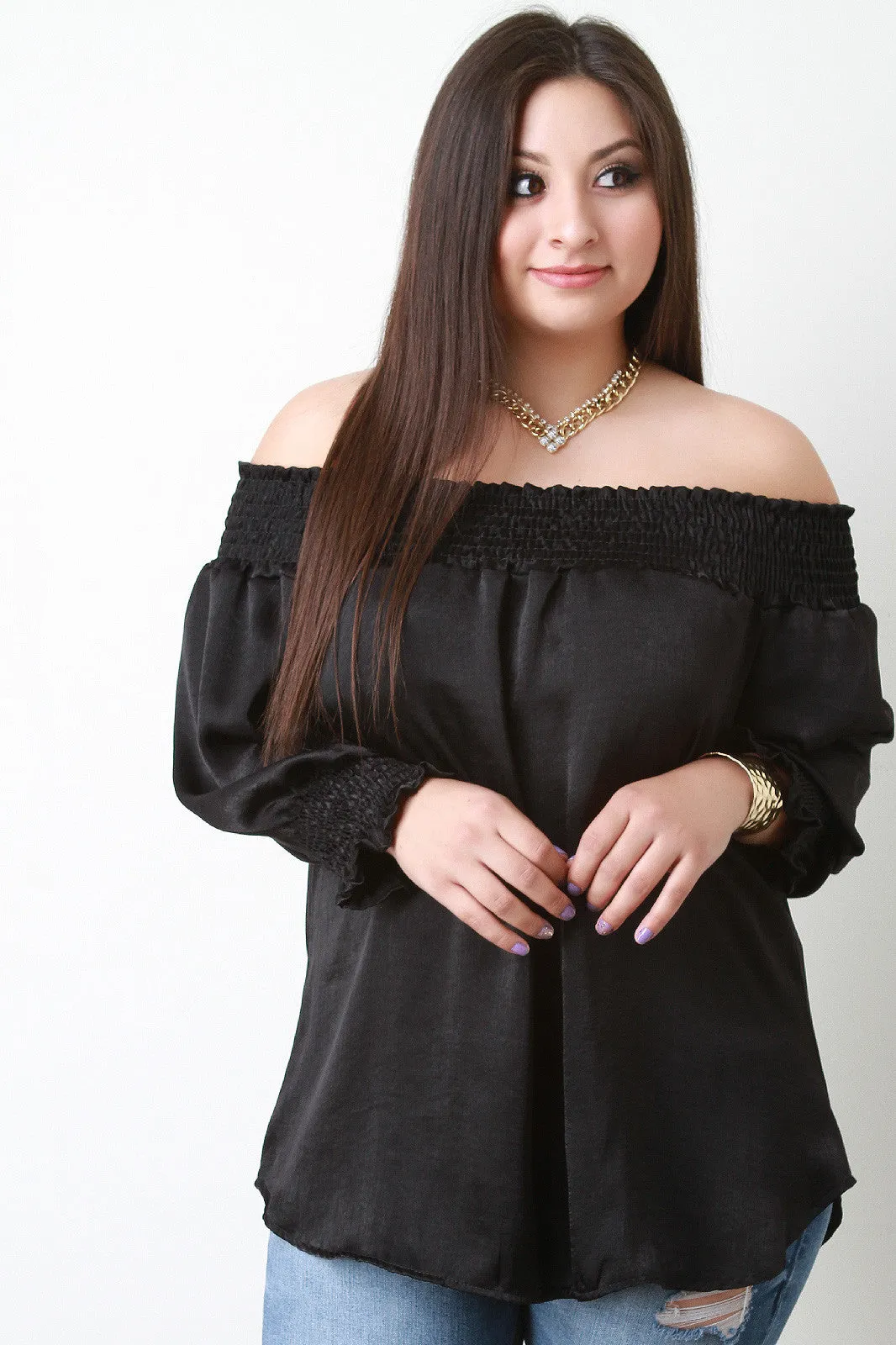 Smocked Satin Off-The-Shoulder Blouse Top
