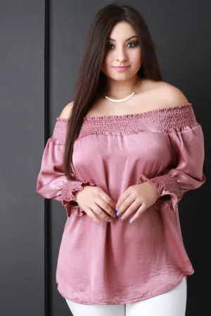 Smocked Satin Off-The-Shoulder Blouse Top