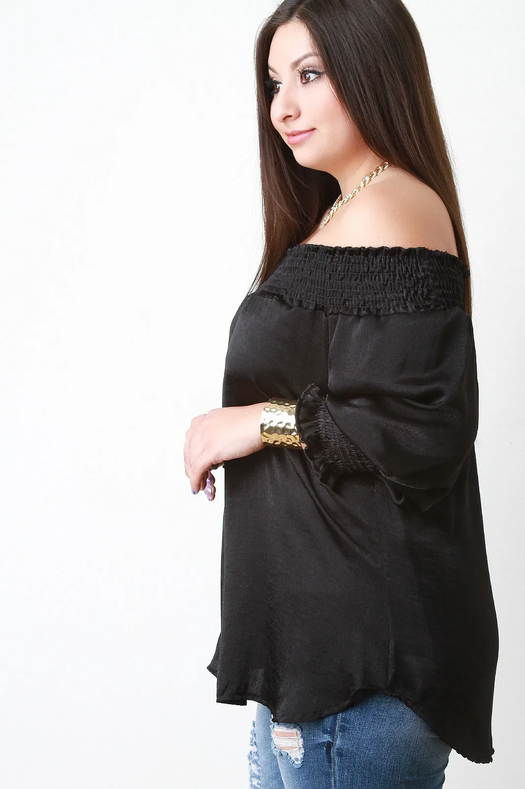 Smocked Satin Off-The-Shoulder Blouse Top