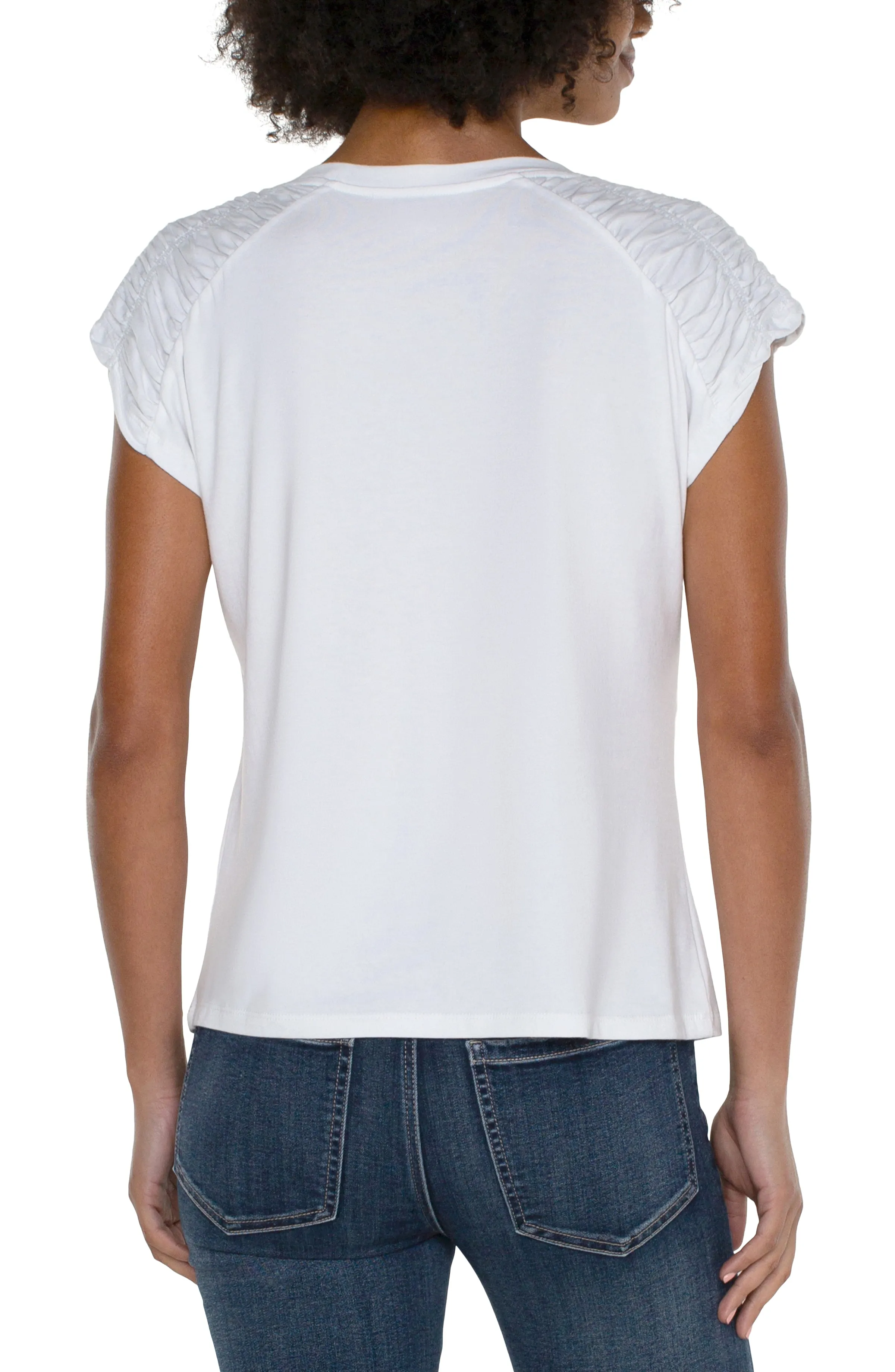 SMOCKED SHOULDER RAGLAN KNIT TOP