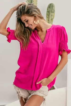 Smocked Sleeve V-Neck Top in Fuchsia