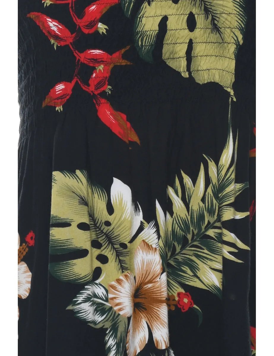 Smocked Strapless Hawaiian Print Top - S