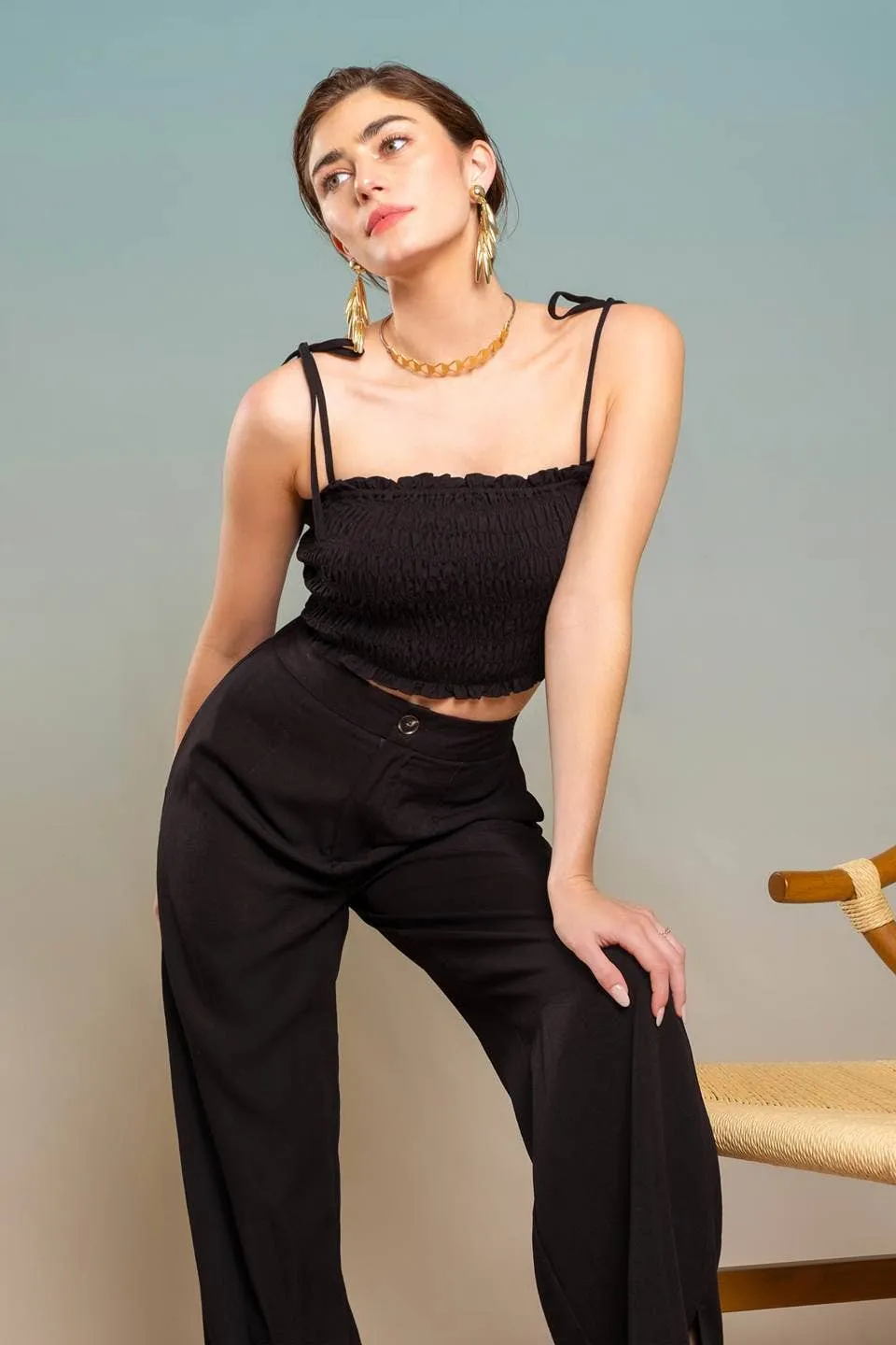 SMOCKED TIE STRAP CROP TOP: ORANGE