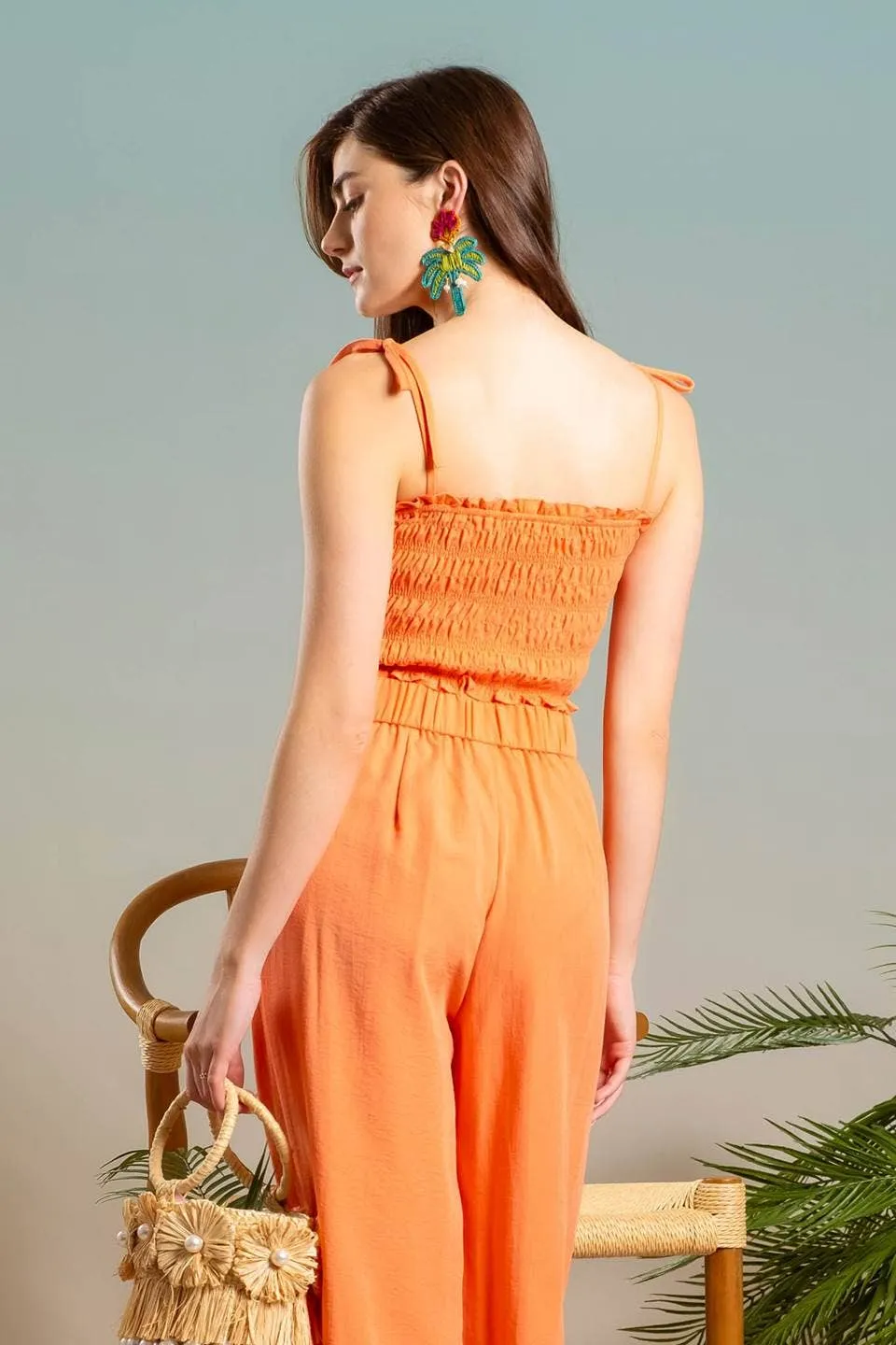 SMOCKED TIE STRAP CROP TOP: ORANGE