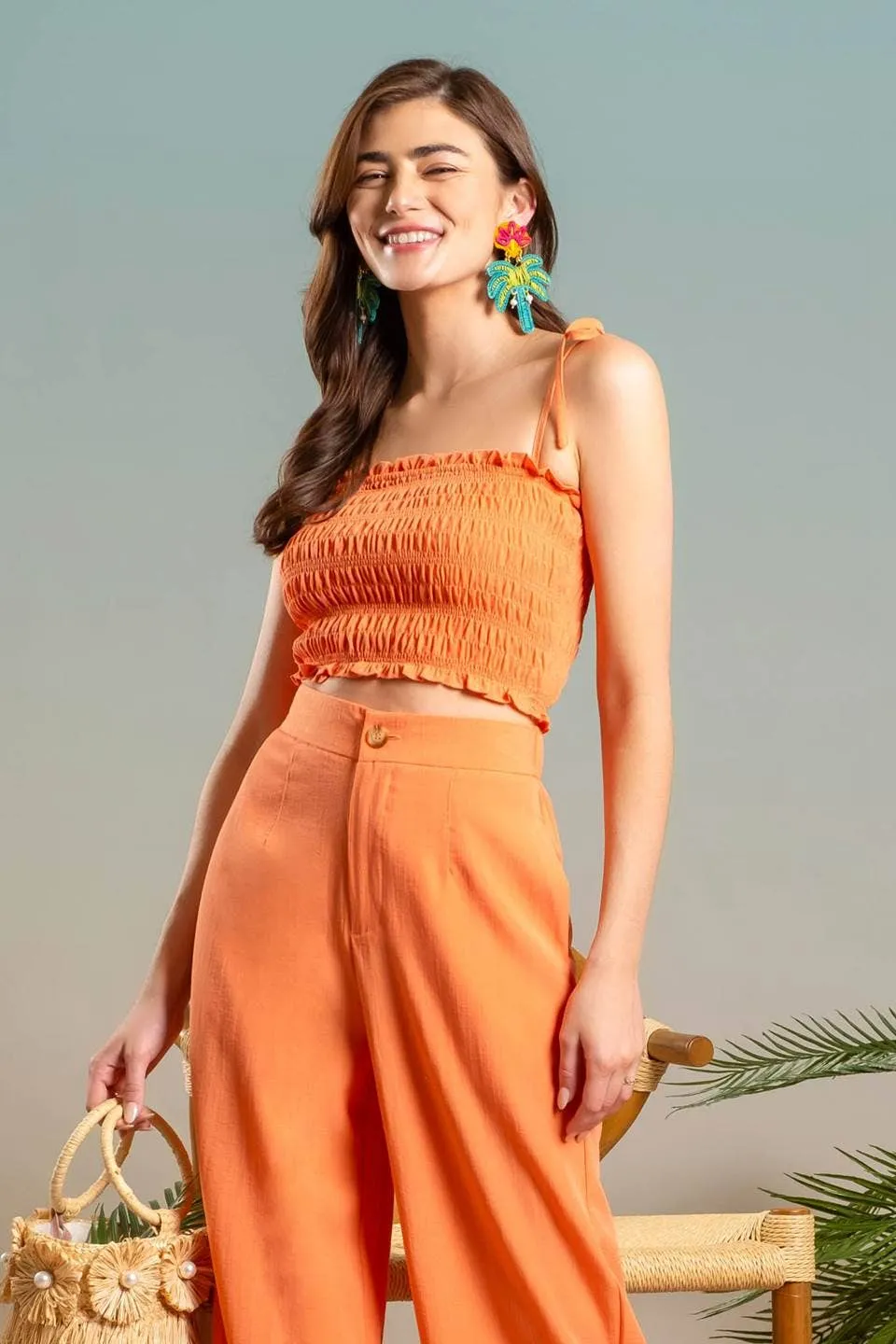 SMOCKED TIE STRAP CROP TOP: ORANGE