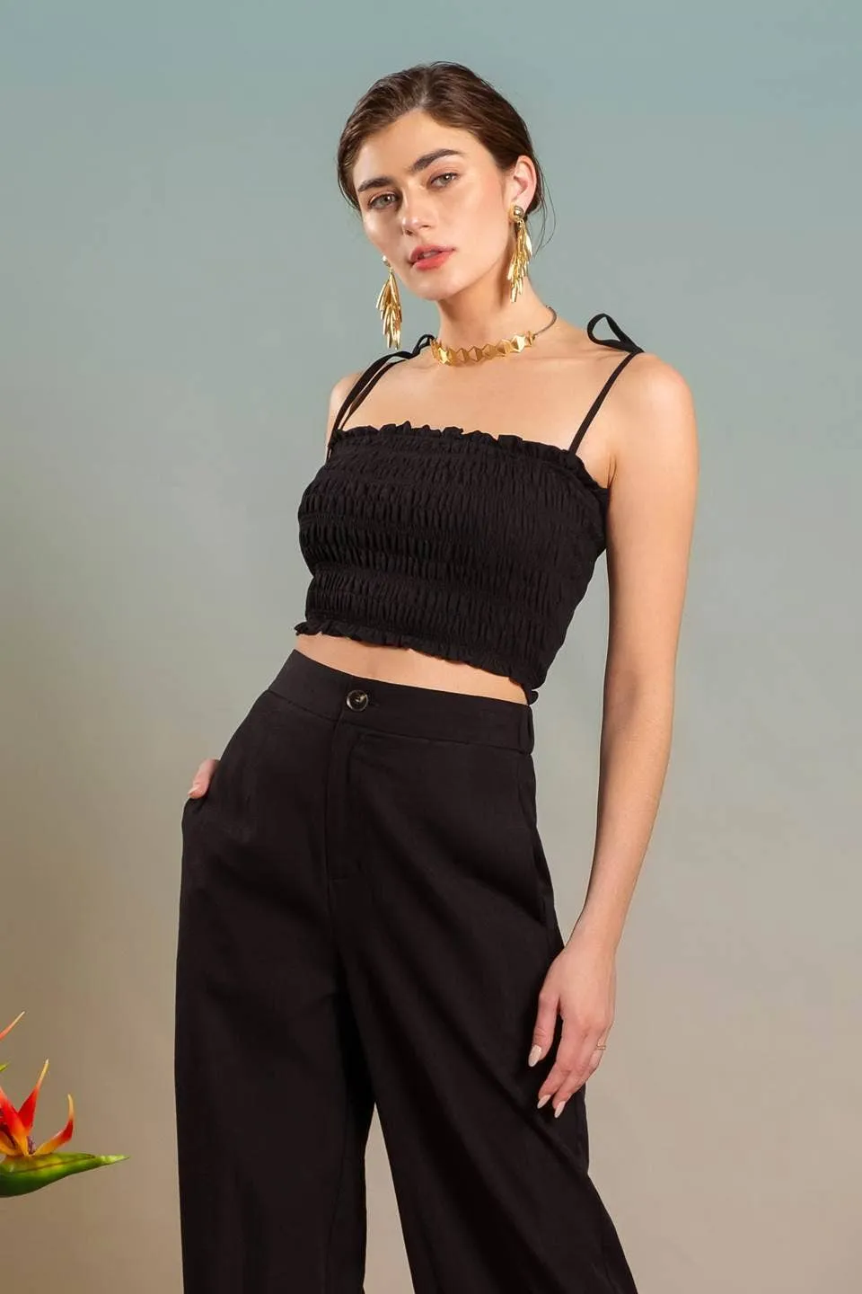SMOCKED TIE STRAP CROP TOP: ORANGE