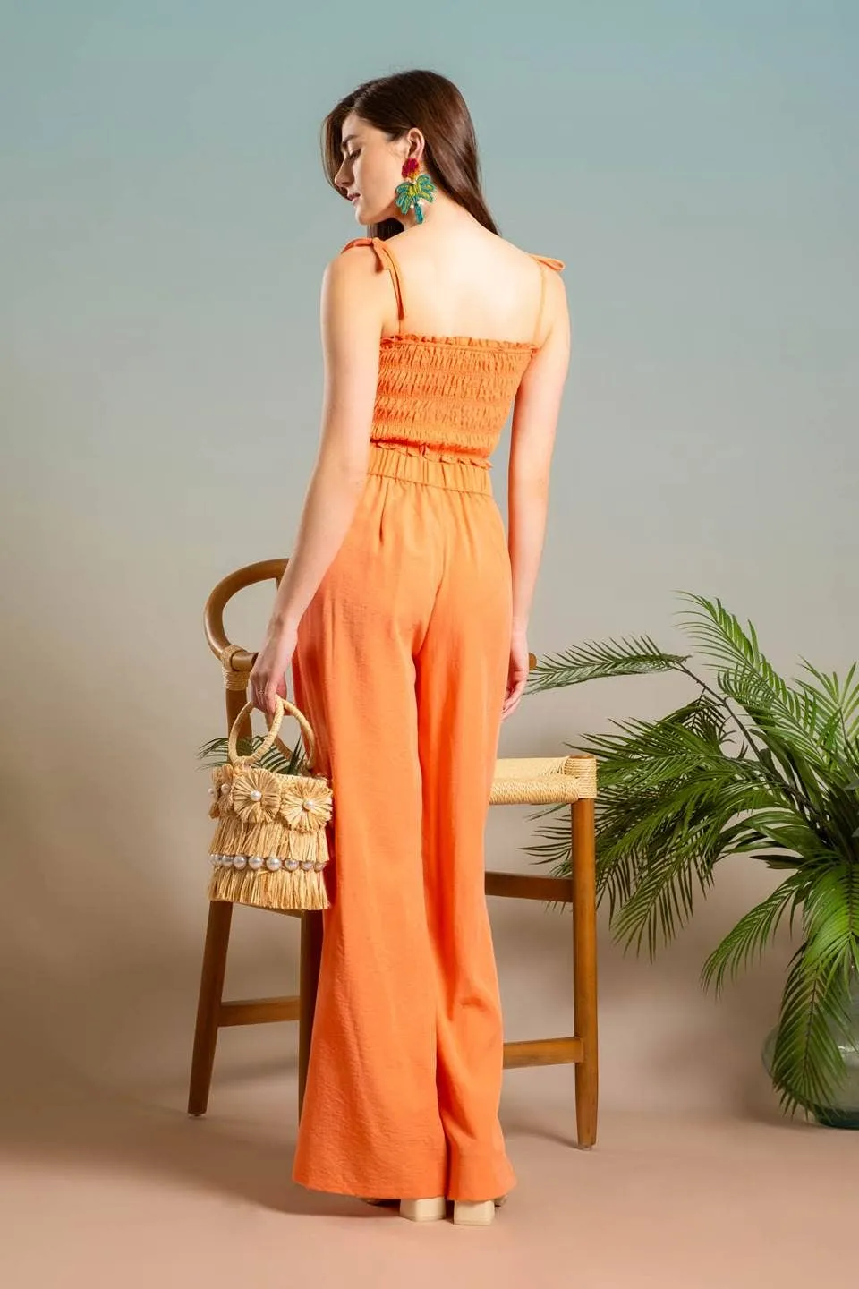 SMOCKED TIE STRAP CROP TOP: ORANGE