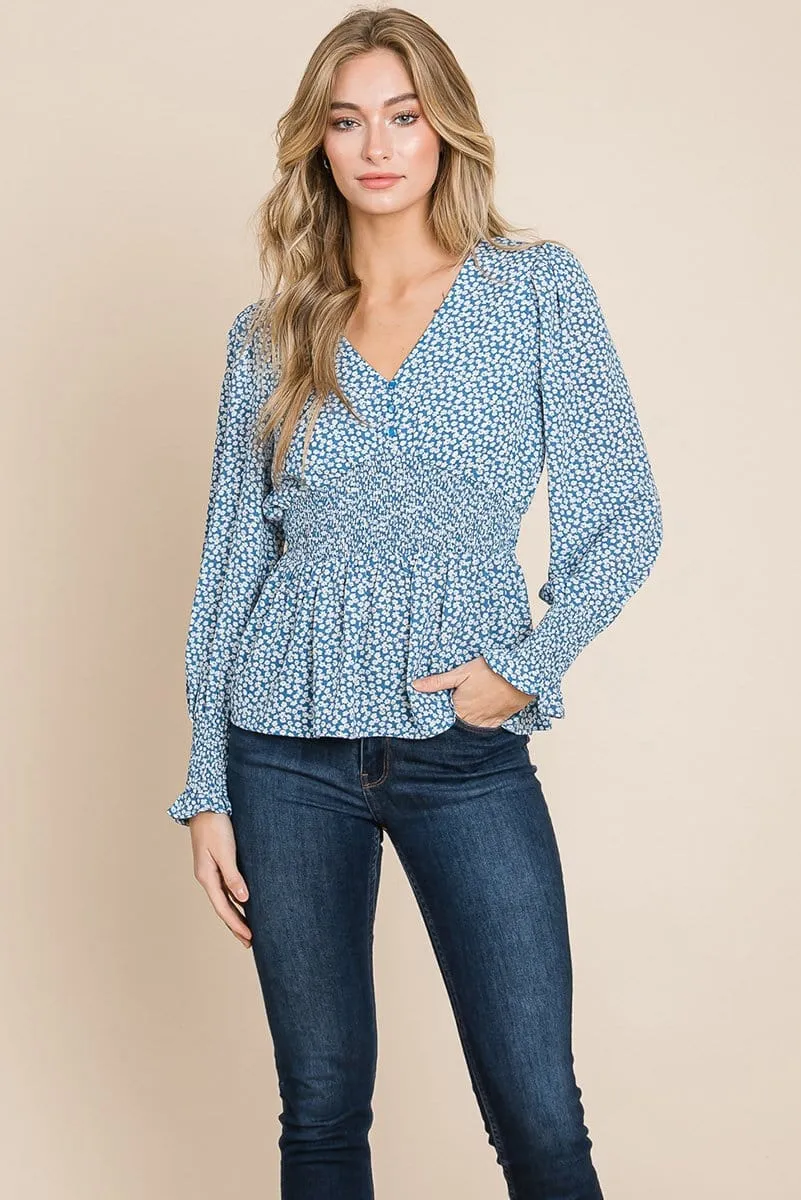 Smocked Waist Ditsy Print Blouse Peplum Tops