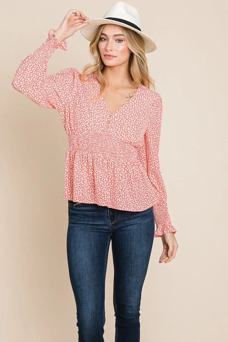 Smocked Waist Ditsy Print Blouse Peplum Tops