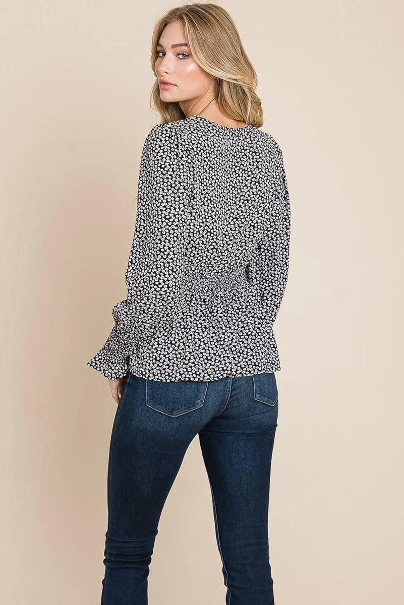 Smocked Waist Ditsy Print Blouse Peplum Tops