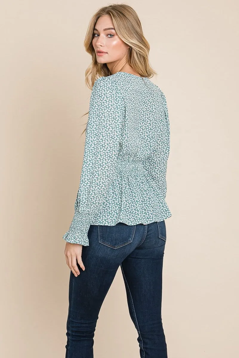 Smocked Waist Ditsy Print Blouse Peplum Tops