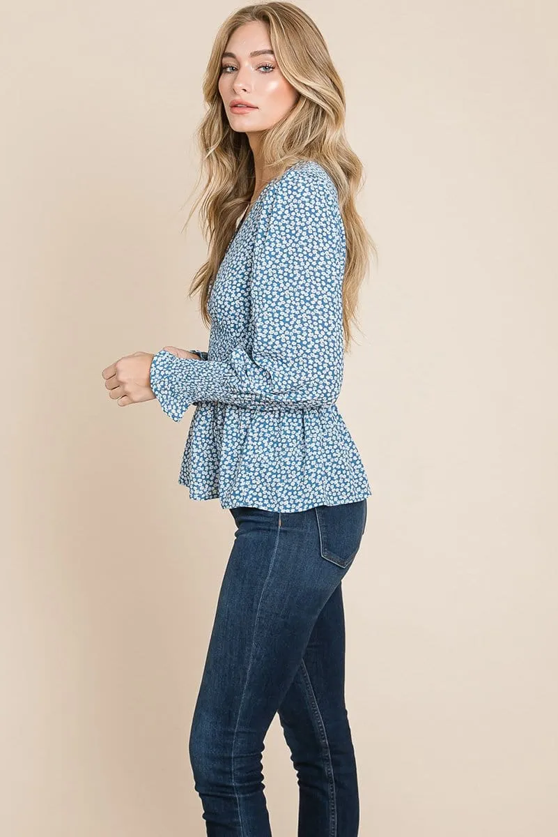 Smocked Waist Ditsy Print Blouse Peplum Tops