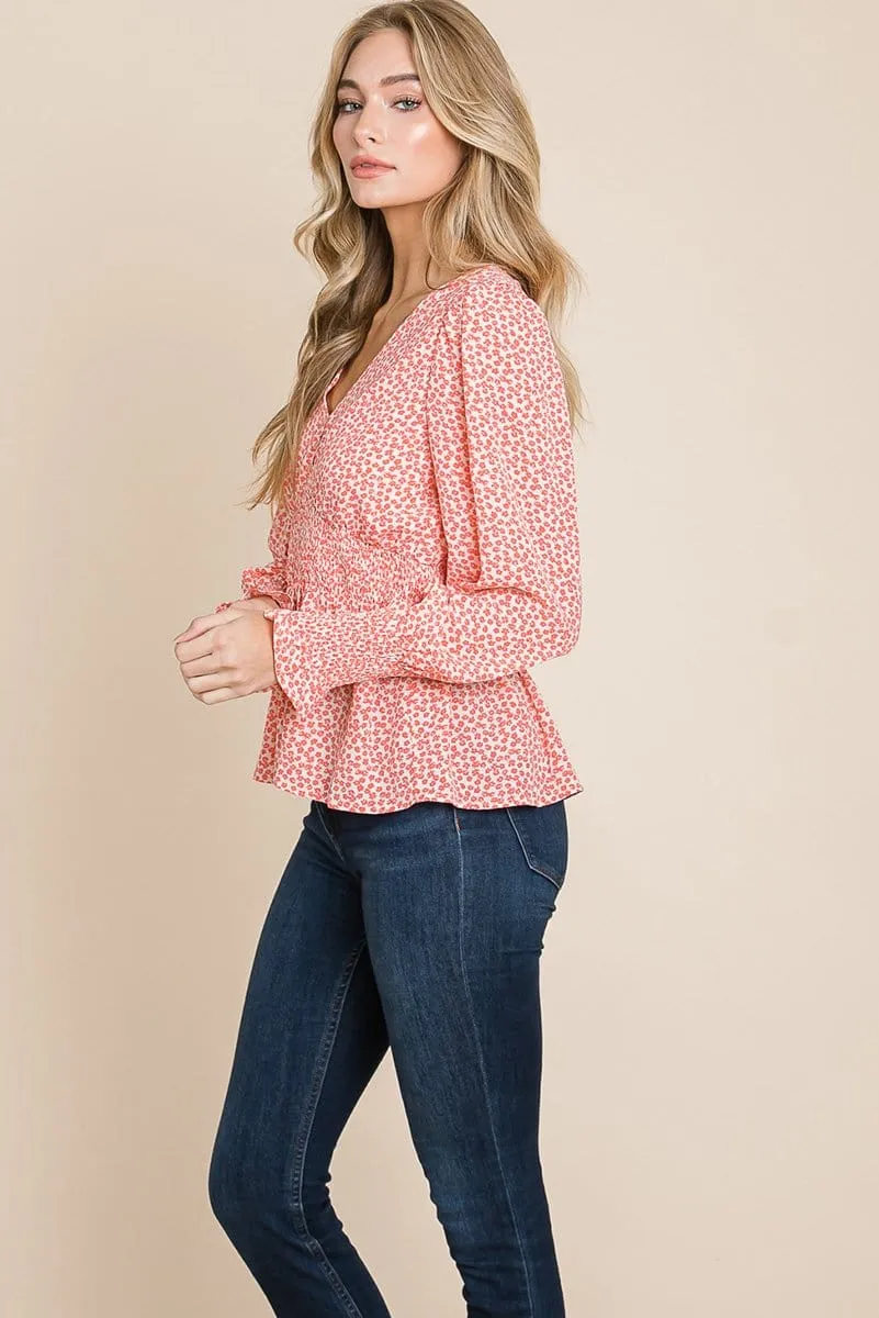 Smocked Waist Ditsy Print Blouse Peplum Tops