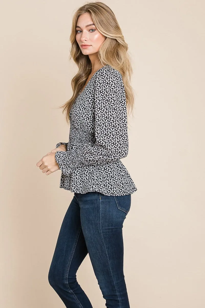 Smocked Waist Ditsy Print Blouse Peplum Tops