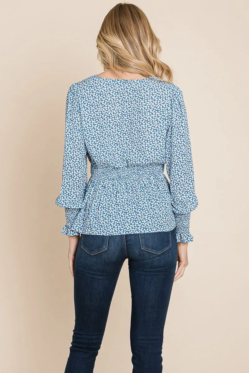 Smocked Waist Ditsy Print Blouse Peplum Tops