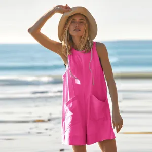 Solid Color Loose Jumpsuit With Pockets Straight Cargo Shorts Overall Pants Beach