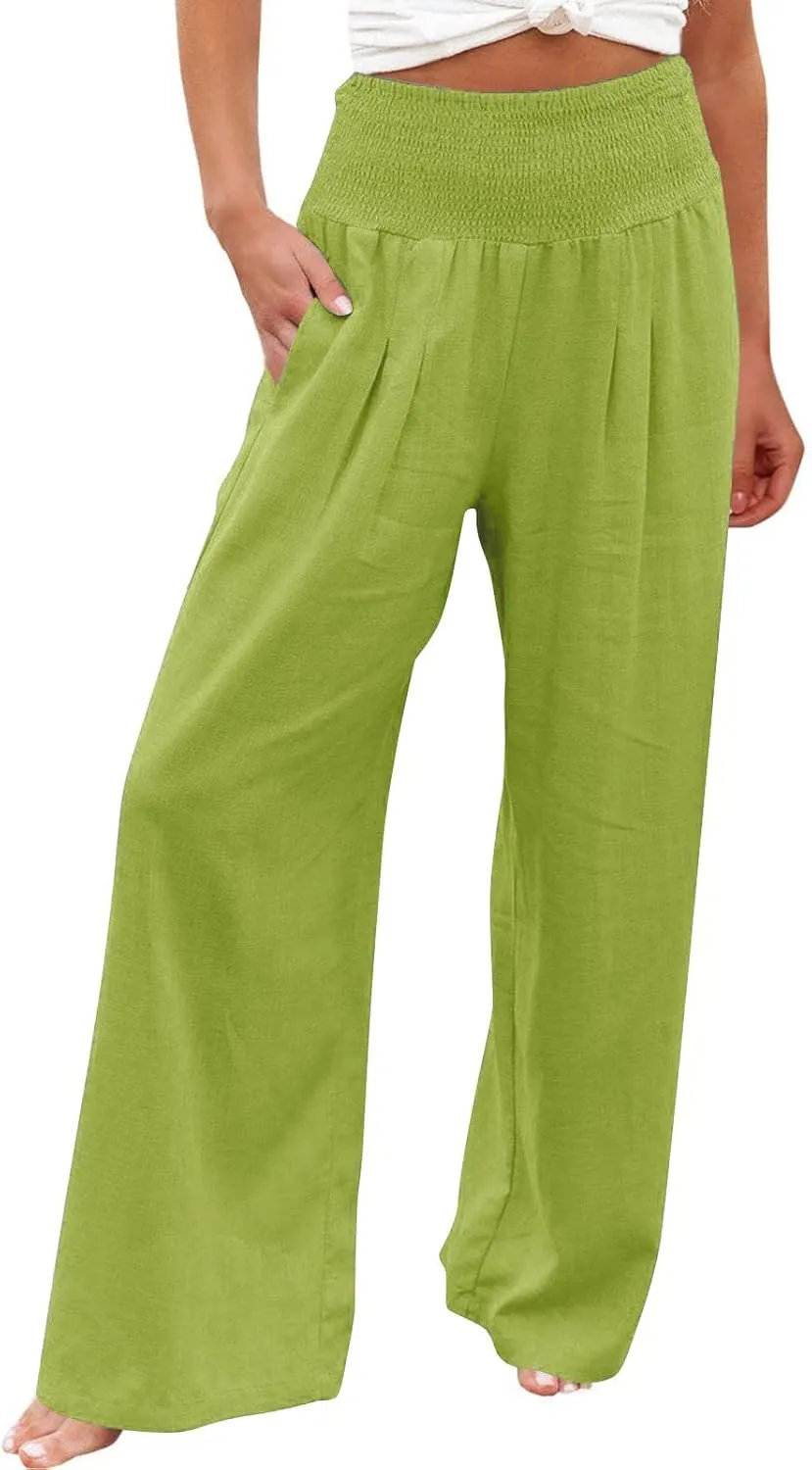 Striped Linen Blend Pants for Women Linen Pants for Women Flowy Wide Leg High Waisted Palazzo Beach Pants Summer