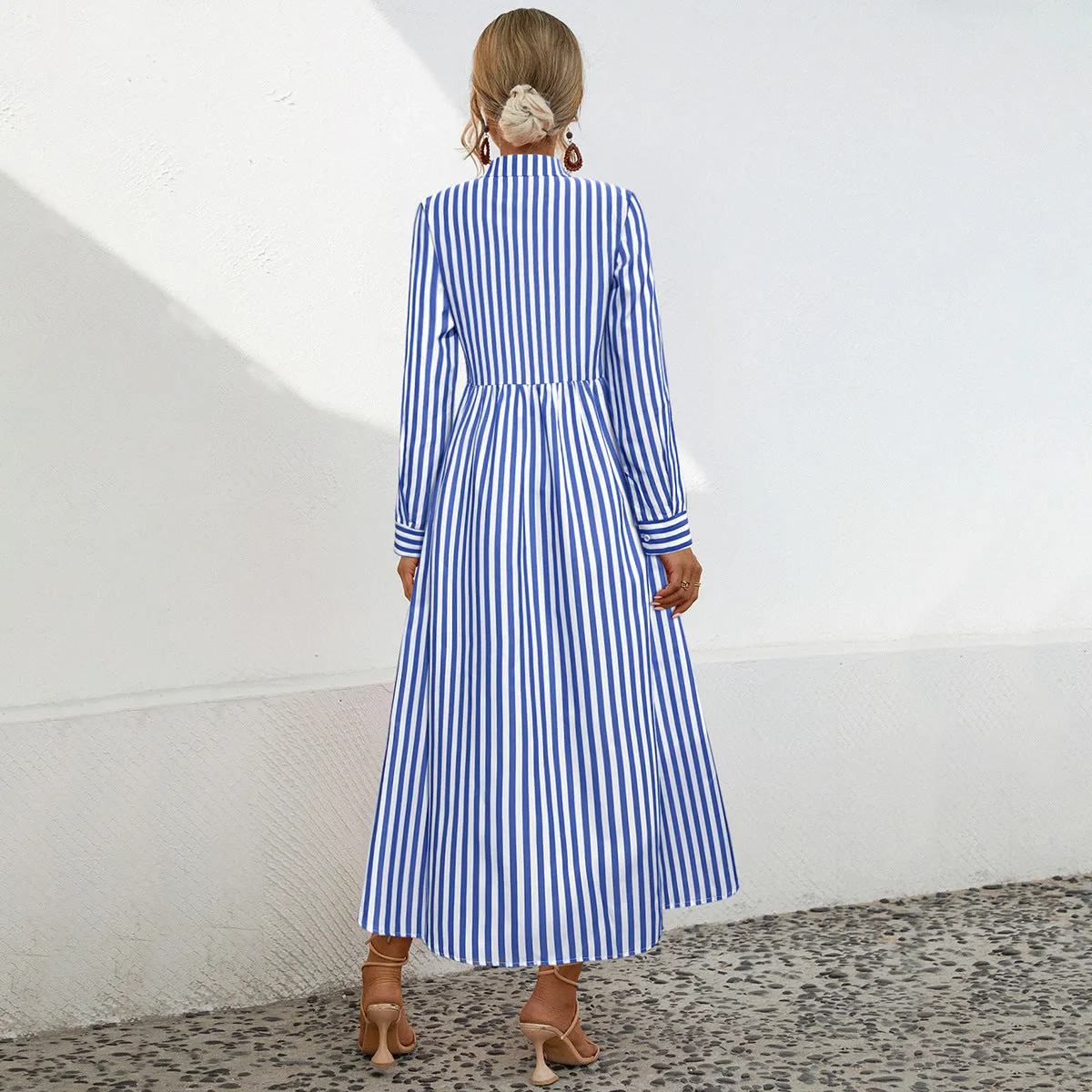 Striped Long Sleeve Button-up Maxi Dresses Wholesale Womens Clothing N3824082300036