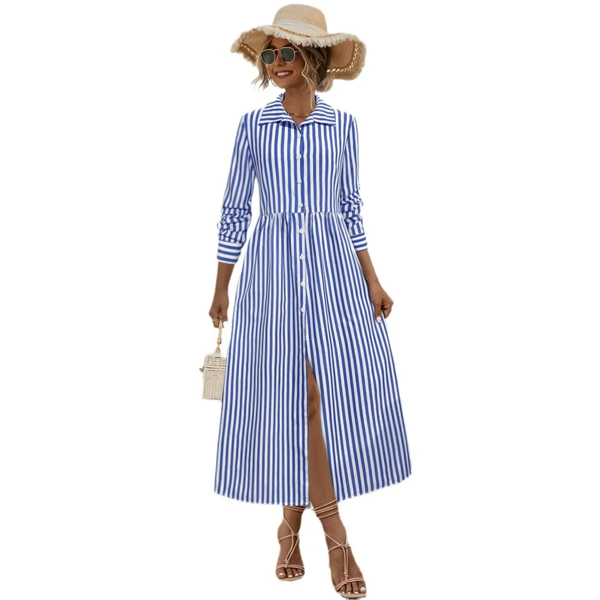 Striped Long Sleeve Button-up Maxi Dresses Wholesale Womens Clothing N3824082300036
