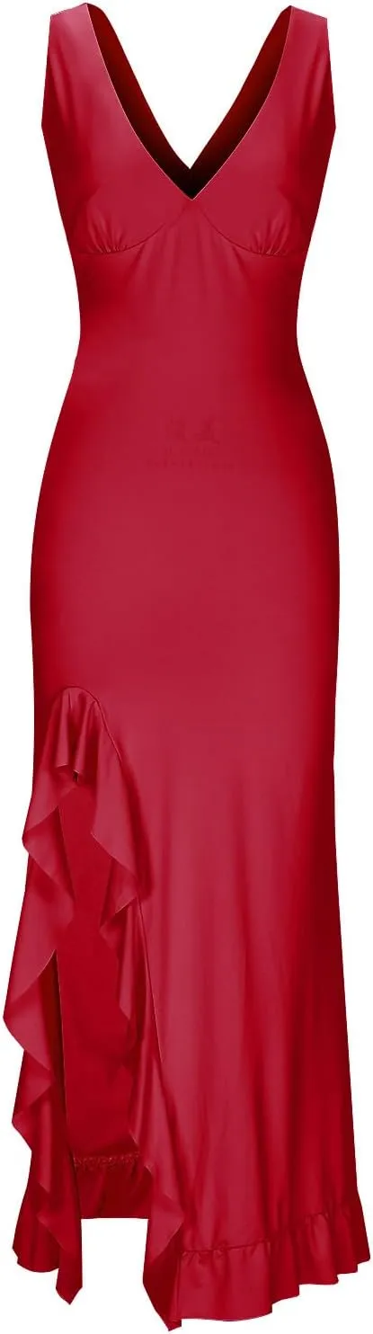 Summer Dress for Women Sexy V Neck Sleeveless Bodycon Maxi Dresses Asymmetric Ruffle Swing Dress Cocktail Party Dress