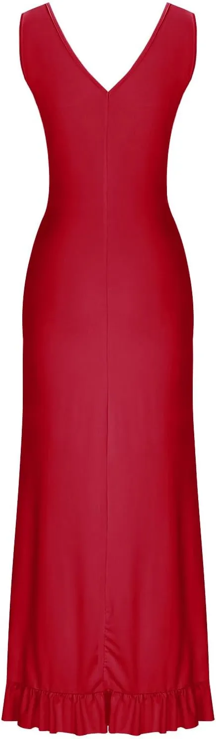 Summer Dress for Women Sexy V Neck Sleeveless Bodycon Maxi Dresses Asymmetric Ruffle Swing Dress Cocktail Party Dress