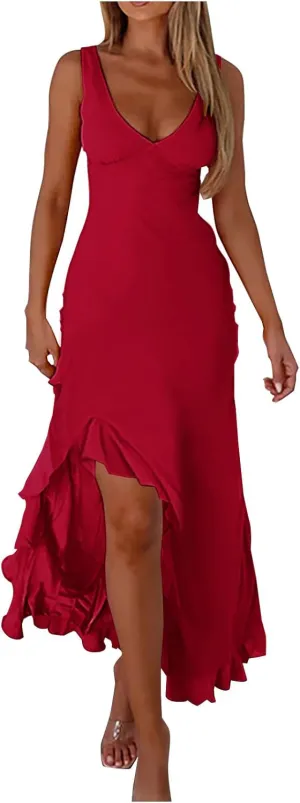 Summer Dress for Women Sexy V Neck Sleeveless Bodycon Maxi Dresses Asymmetric Ruffle Swing Dress Cocktail Party Dress