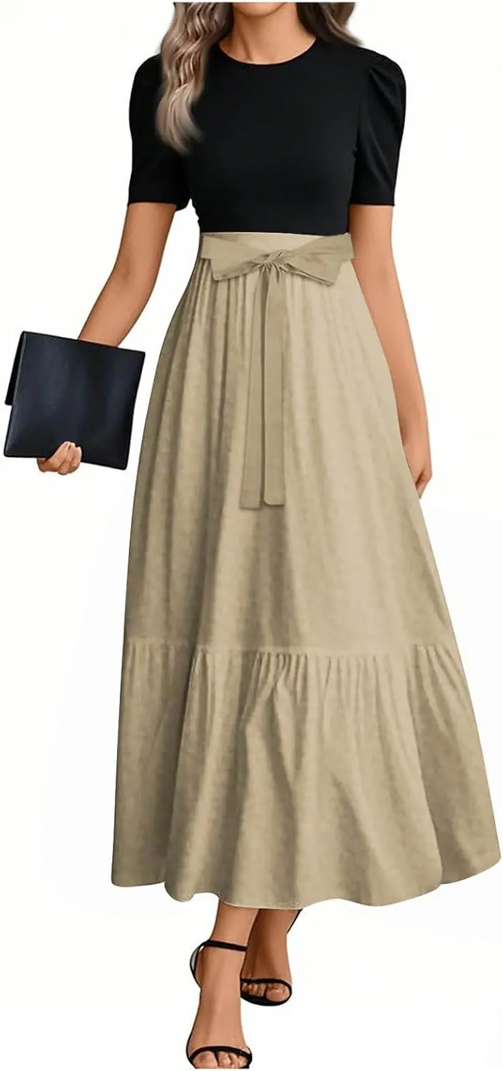 Summer Dresses for Women 2025 Floral Print Wrap Short Sleeve Maxi Dress Patchwork Ruffle Hem A Line Dress