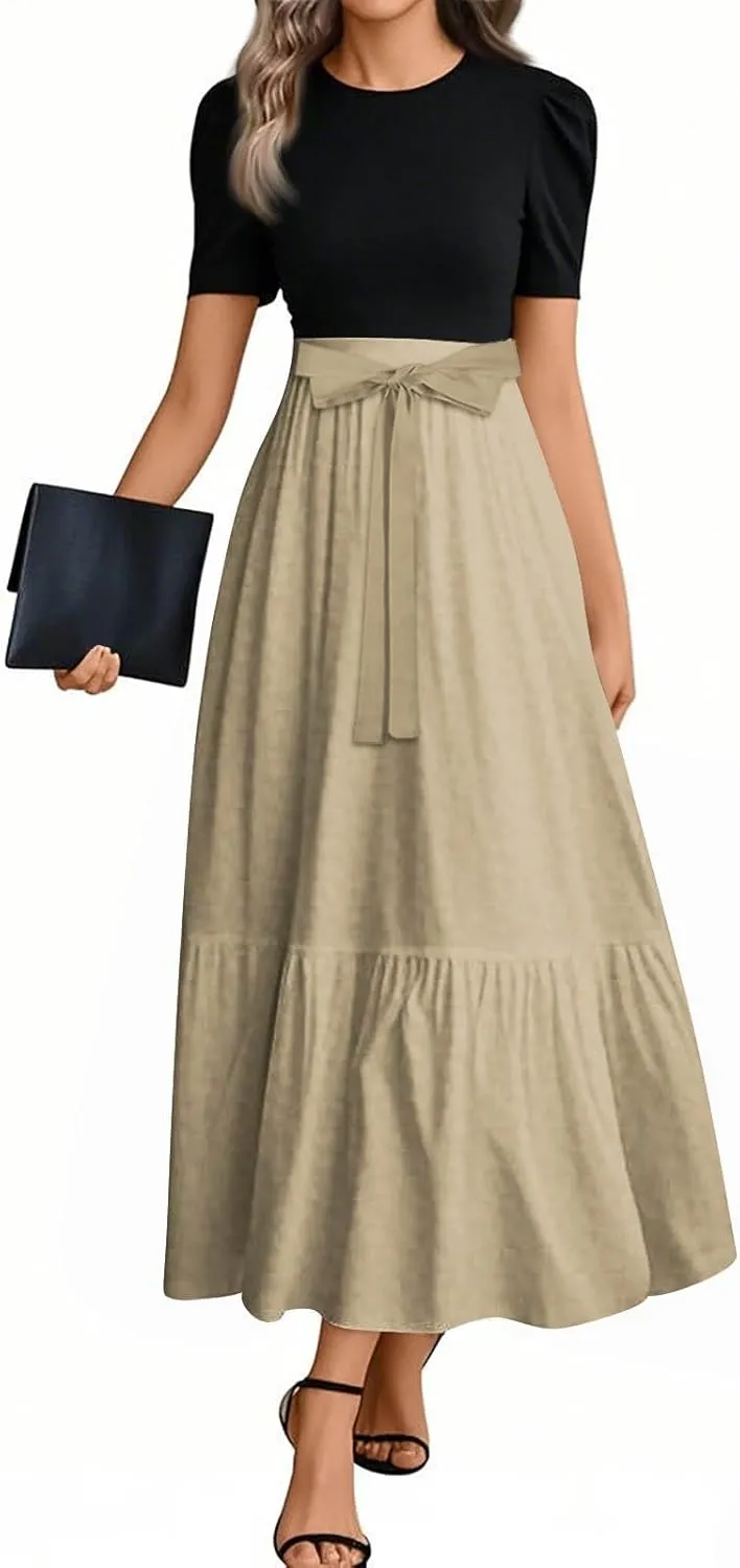 Summer Dresses for Women 2025 Floral Print Wrap Short Sleeve Maxi Dress Patchwork Ruffle Hem A Line Dress