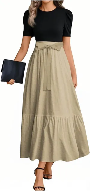 Summer Dresses for Women 2025 Floral Print Wrap Short Sleeve Maxi Dress Patchwork Ruffle Hem A Line Dress