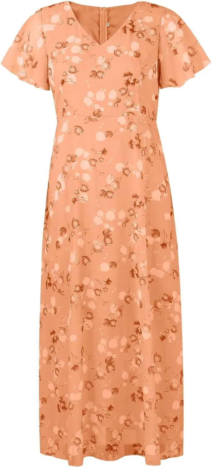 Summer Dresses for Women 2025 Swing Flowy Ruffle Hem Chiffon Floral Dresses Elegant Wrap V Neck Boho Maxi Dress