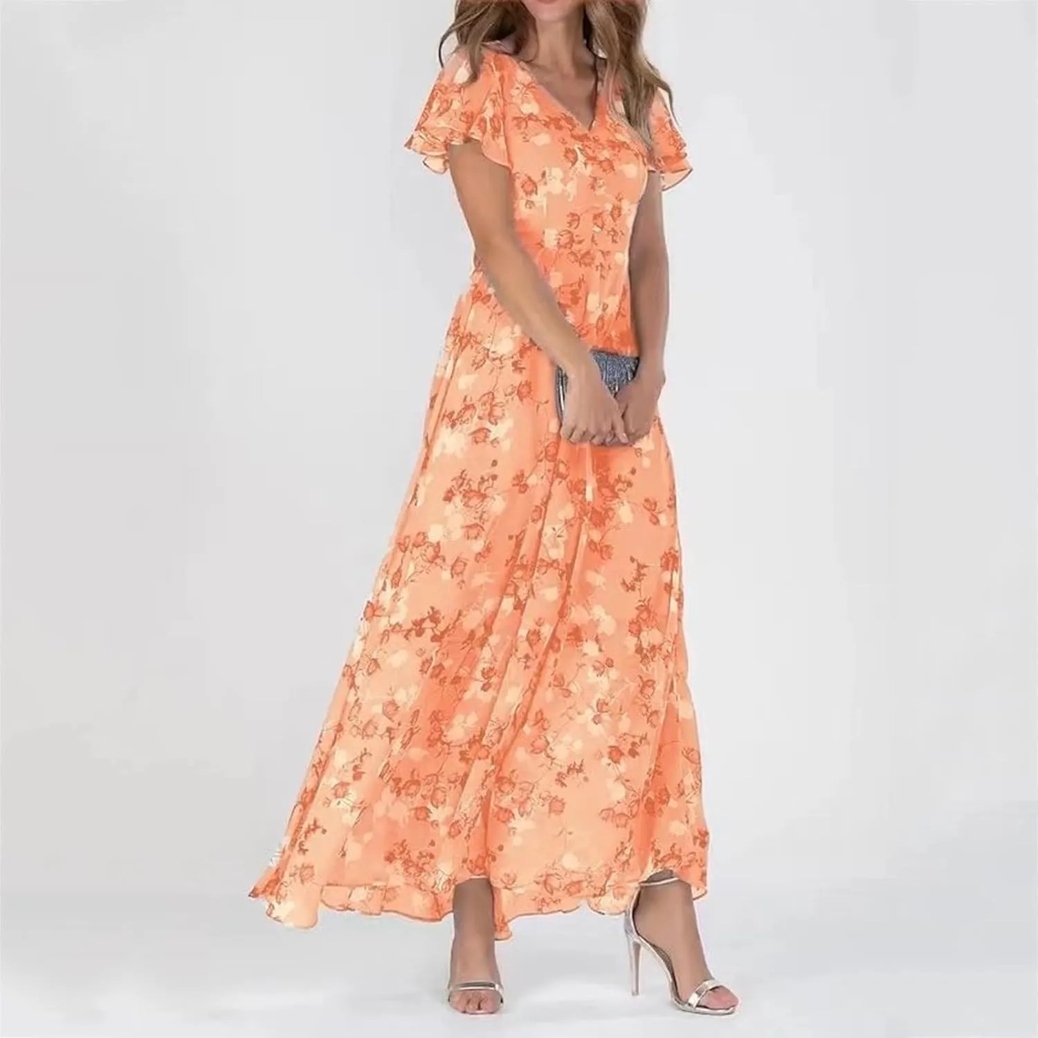 Summer Dresses for Women 2025 Swing Flowy Ruffle Hem Chiffon Floral Dresses Elegant Wrap V Neck Boho Maxi Dress