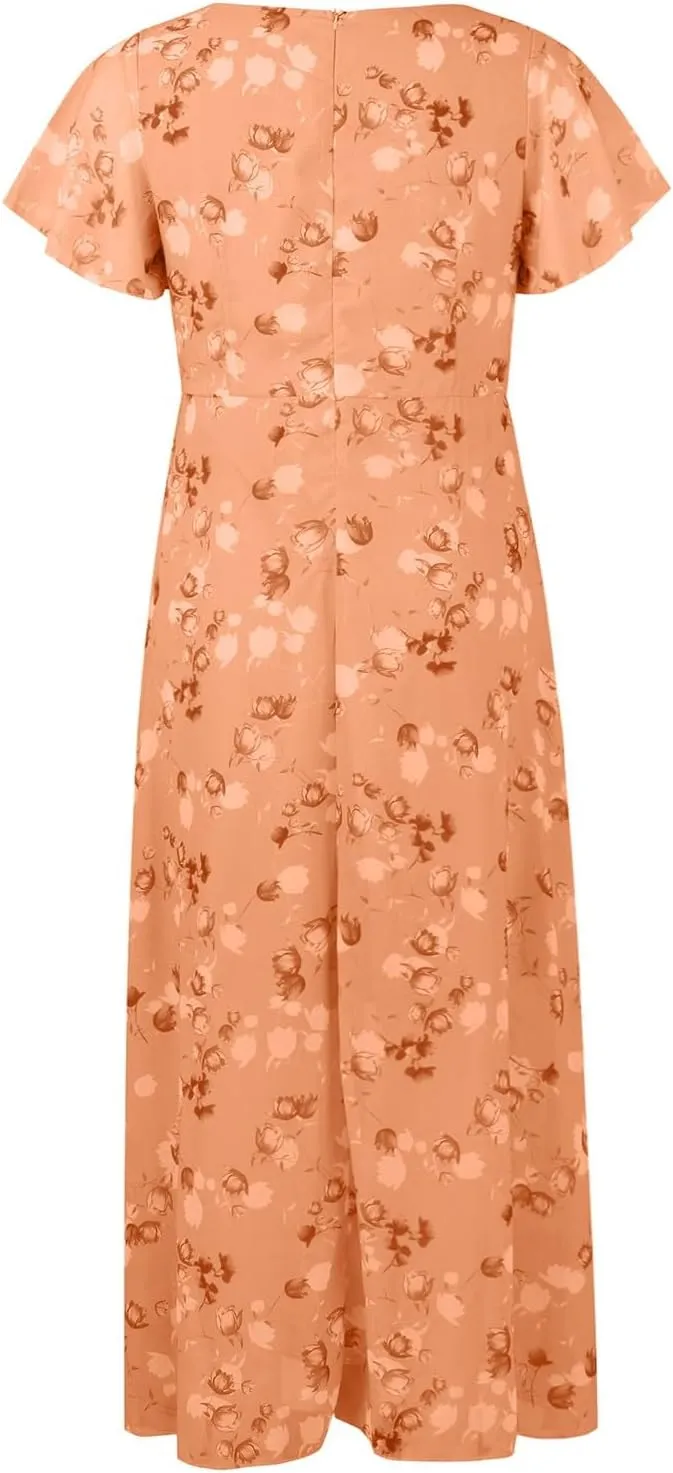 Summer Dresses for Women 2025 Swing Flowy Ruffle Hem Chiffon Floral Dresses Elegant Wrap V Neck Boho Maxi Dress