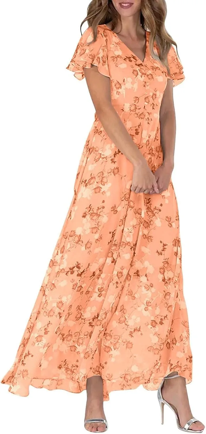 Summer Dresses for Women 2025 Swing Flowy Ruffle Hem Chiffon Floral Dresses Elegant Wrap V Neck Boho Maxi Dress