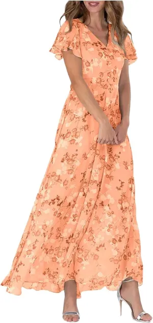 Summer Dresses for Women 2025 Swing Flowy Ruffle Hem Chiffon Floral Dresses Elegant Wrap V Neck Boho Maxi Dress
