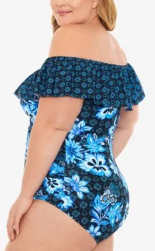 Swim Solutions Plus Size HIDEAWAY Ruffled Off-the-Shoulder One-Piece Swimsuit Color Navy Size 22W