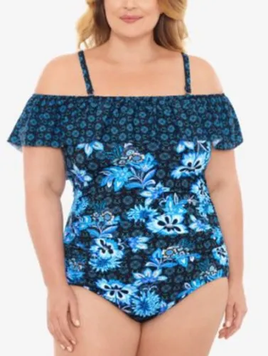 Swim Solutions Plus Size HIDEAWAY Ruffled Off-the-Shoulder One-Piece Swimsuit Color Navy Size 22W
