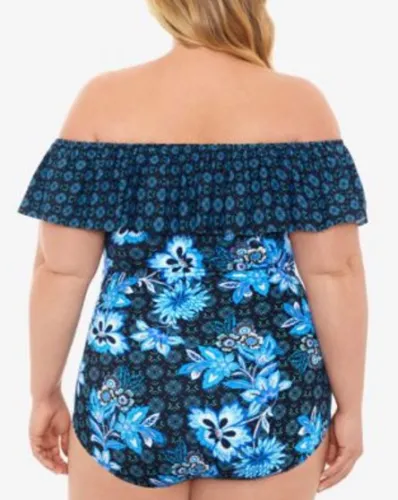 Swim Solutions Plus Size HIDEAWAY Ruffled Off-the-Shoulder One-Piece Swimsuit Color Navy Size 22W