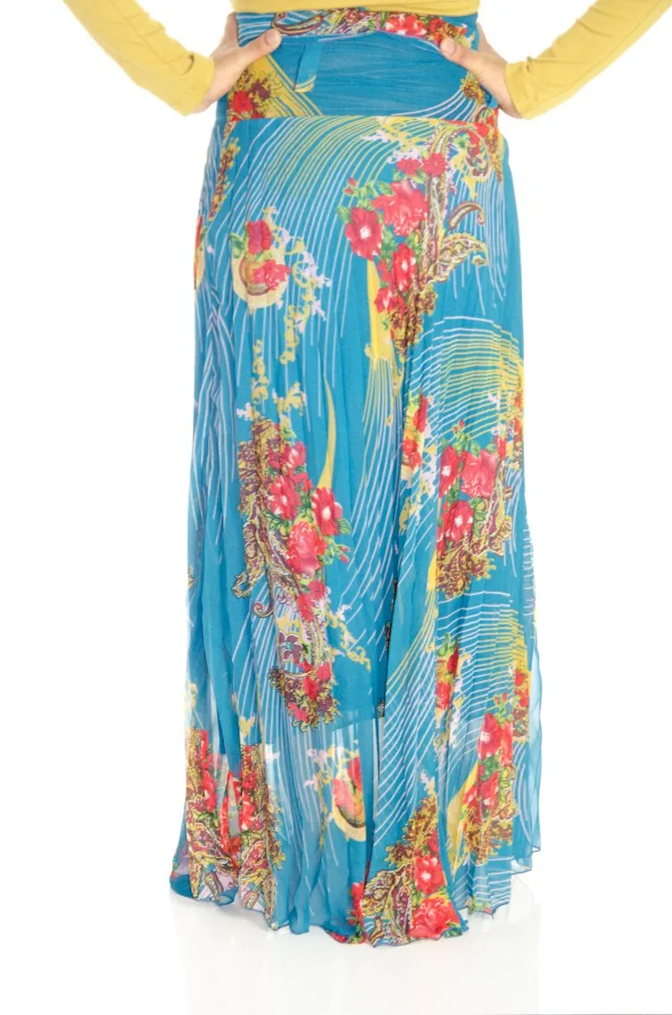 Teal Floral Pleated Maxi Skirt