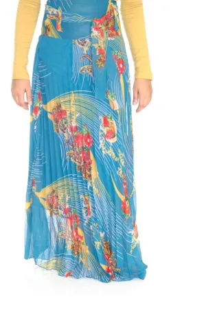 Teal Floral Pleated Maxi Skirt
