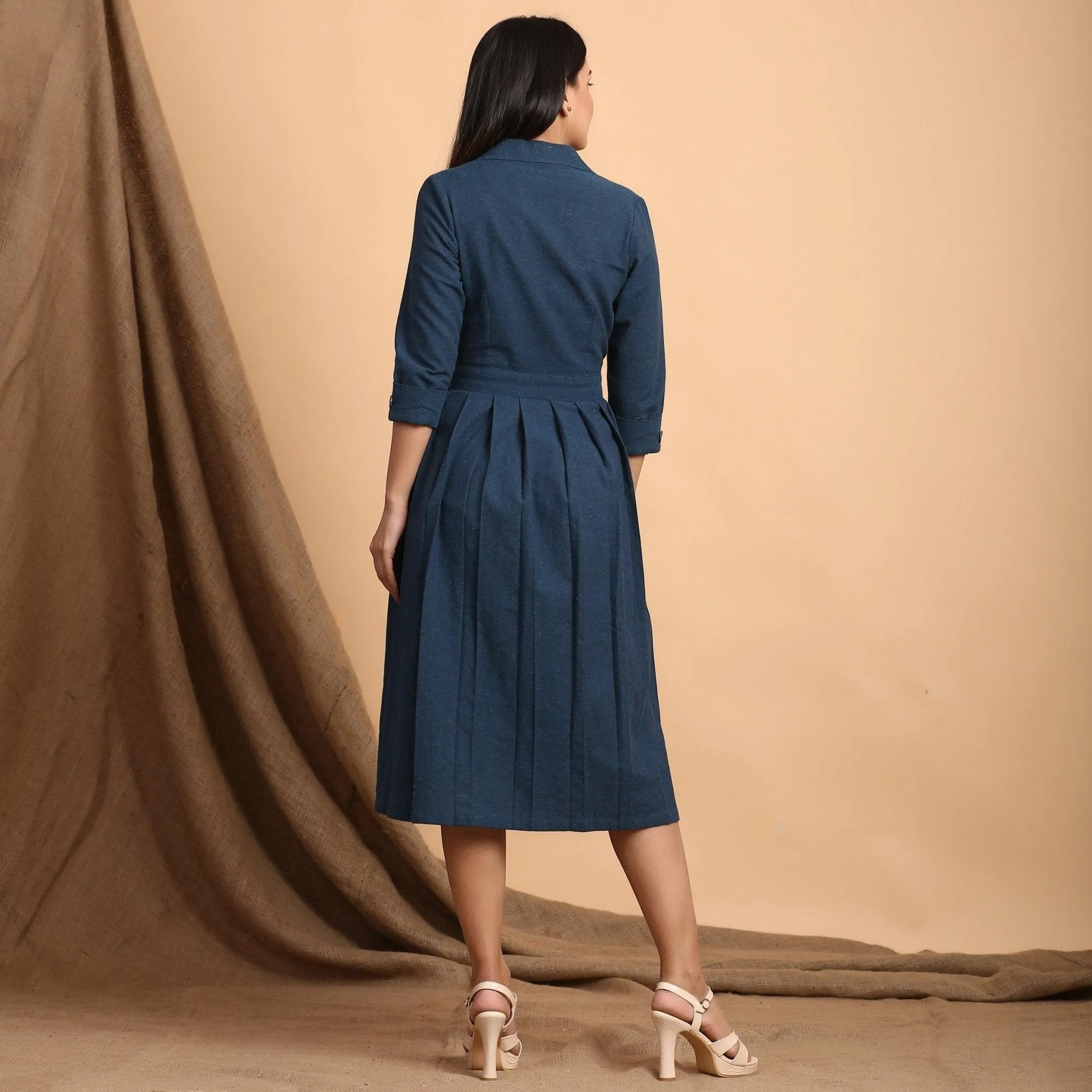 Teal Notched Collar Cotton Midi Wrap Dress